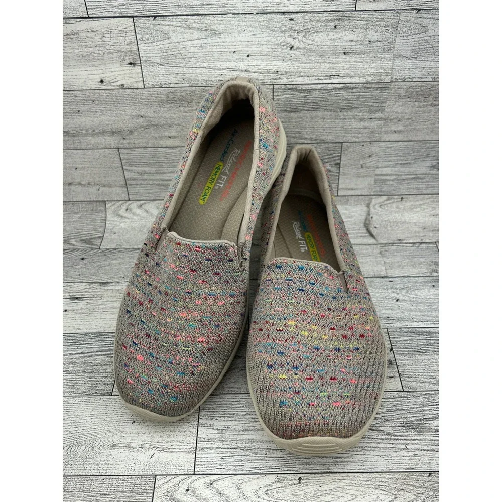 Skechers Relaxed Fit 49291 Taupe Multi Confetti Knit Slip On Shoes Women Sz 7.5